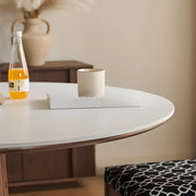 Mid-Century Modern Round Stone Top Wood Pedestal Dining Table