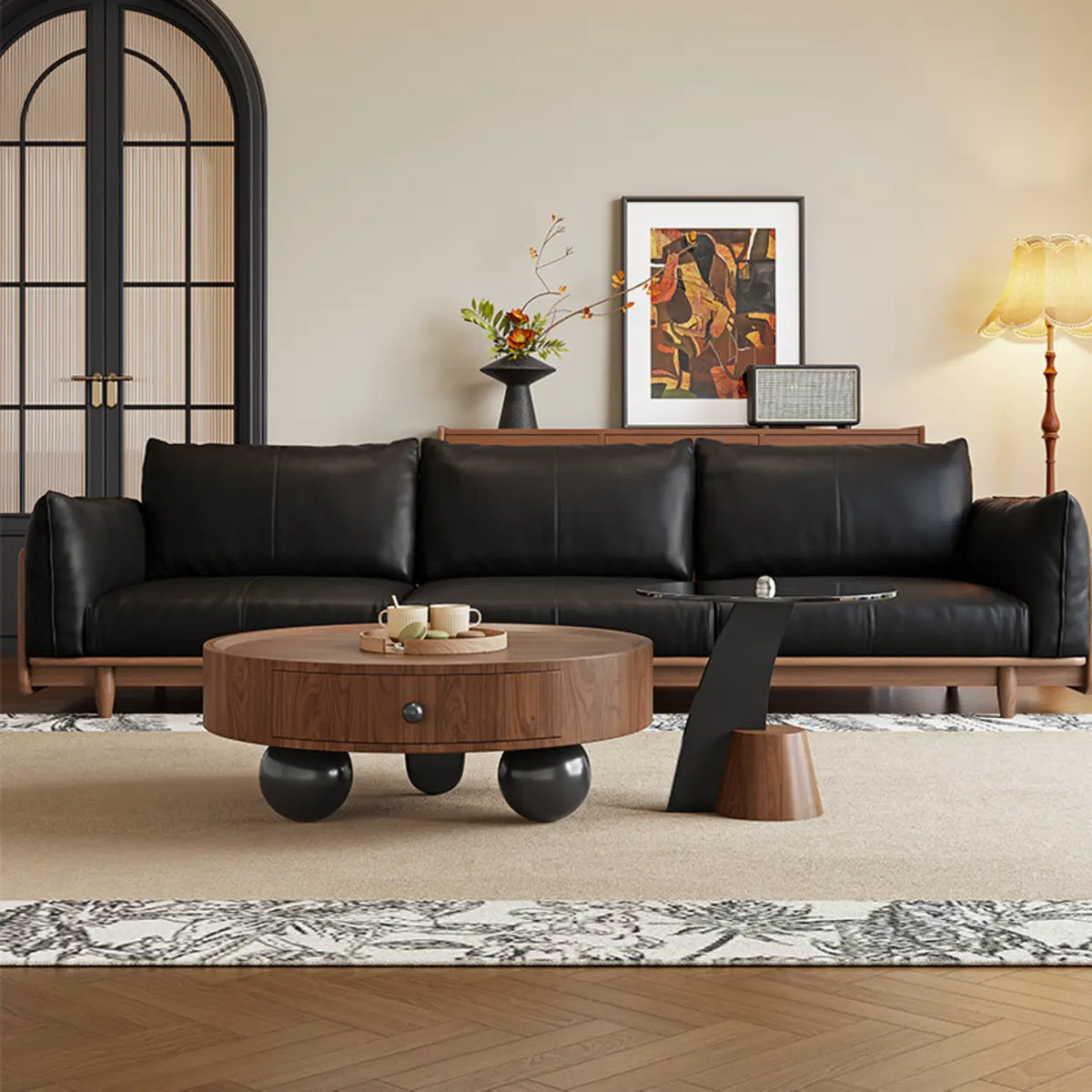 Mid-Century Modern Round Wood Coffee Table with Drawer