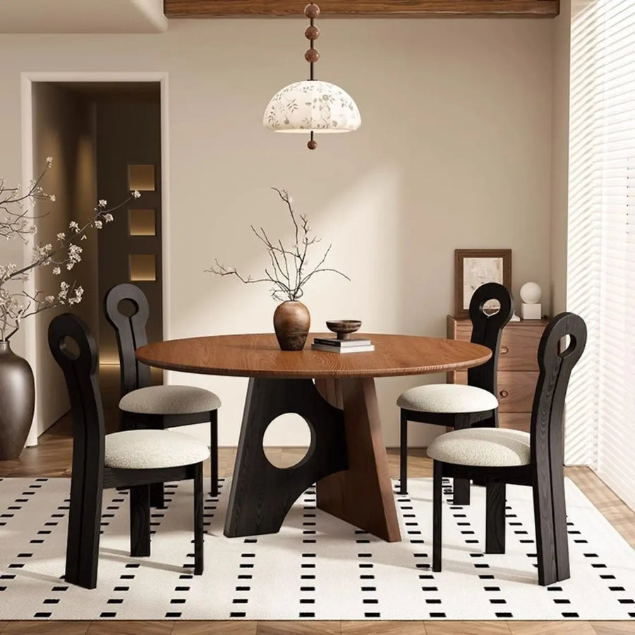 Mid-Century Modern Round Wood Geometric Base Dining Table