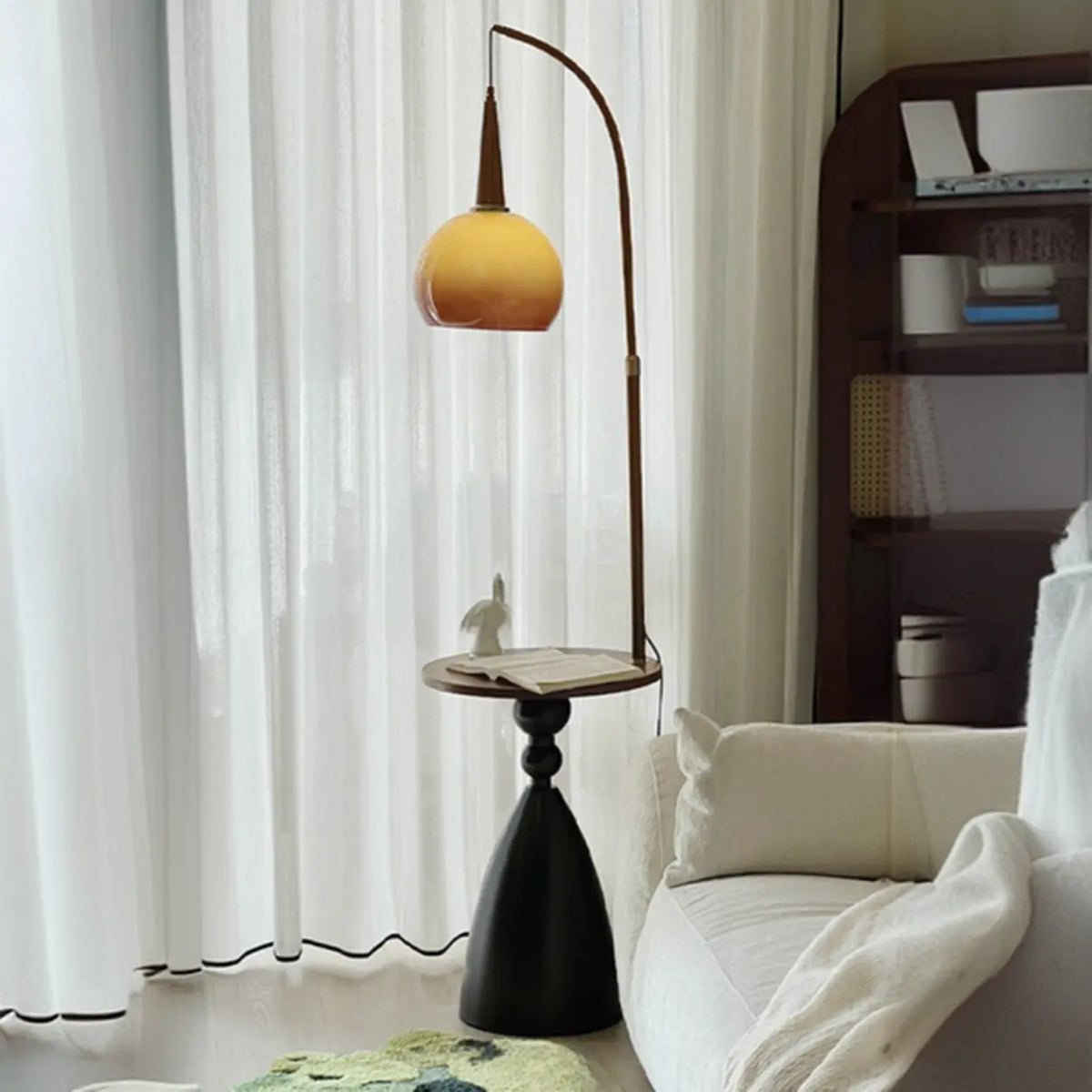 Mid-Century Modern Shelf Adjustable Orange Globe Floor Lamp