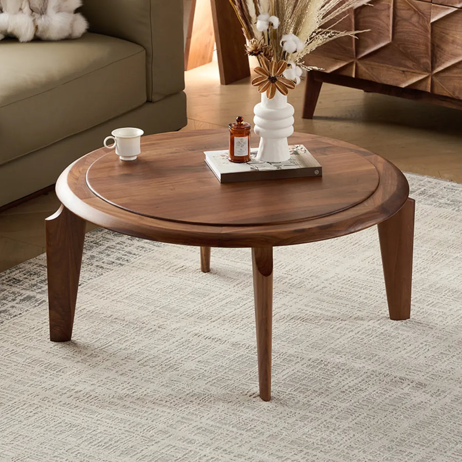 Mid-Century Modern Solid Walnut Wood Round Coffee Table
