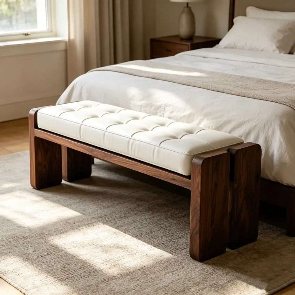 Mid-Century Modern Solid Wood Faux Leather Bedroom Bench