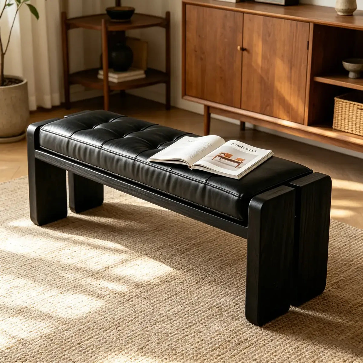 Mid-Century Modern Solid Wood Faux Leather Bedroom Bench