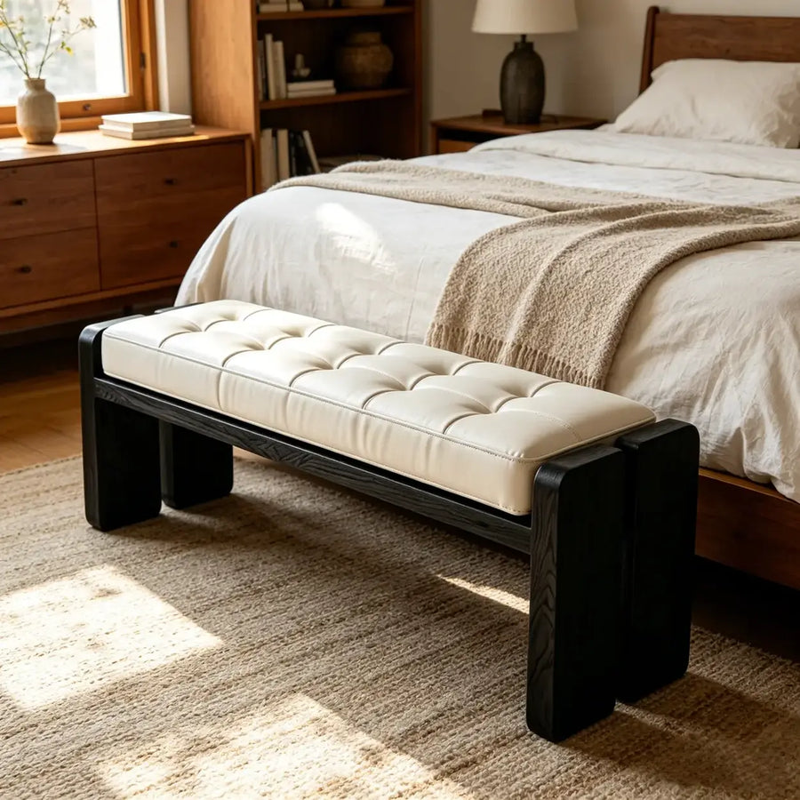 Mid-Century Modern Solid Wood Faux Leather Bedroom Bench