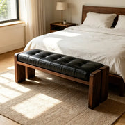 Mid-Century Modern Solid Wood Faux Leather Bedroom Bench