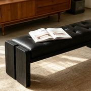 Mid-Century Modern Solid Wood Faux Leather Bedroom Bench