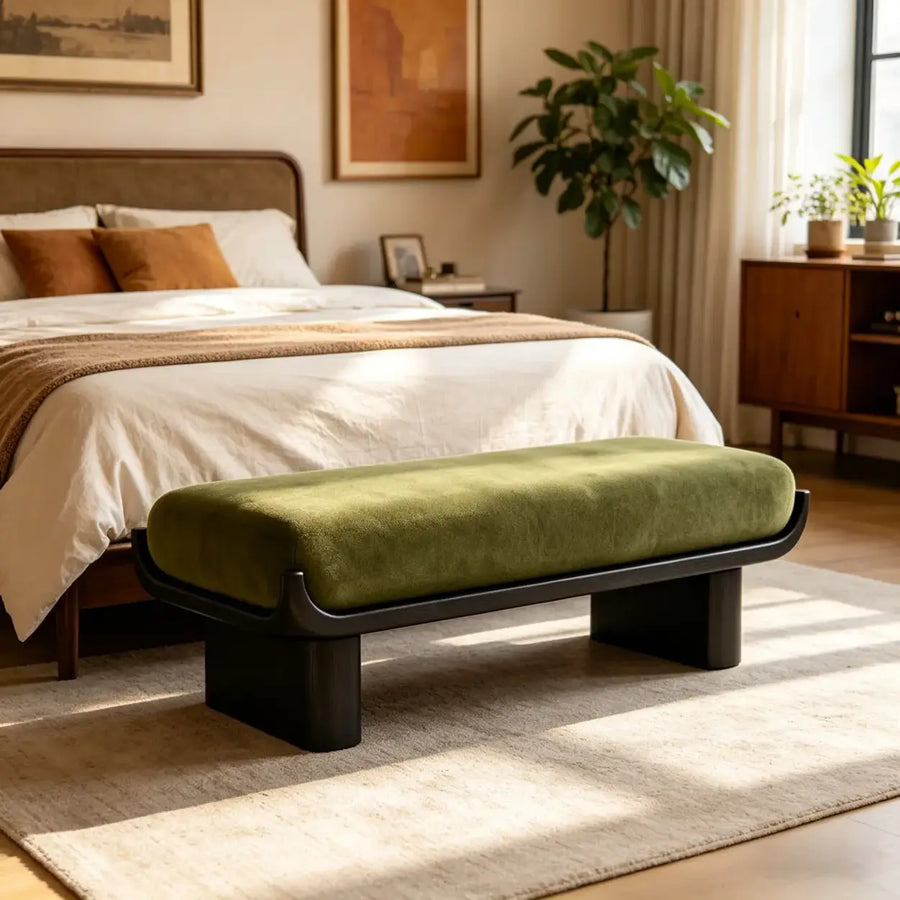 Mid-Century Modern Solid Wood Upholstered Bedroom Bench