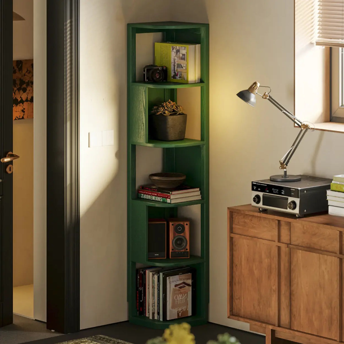 Mid-Century Modern Stand Wood Vertical Corner Bookshelf