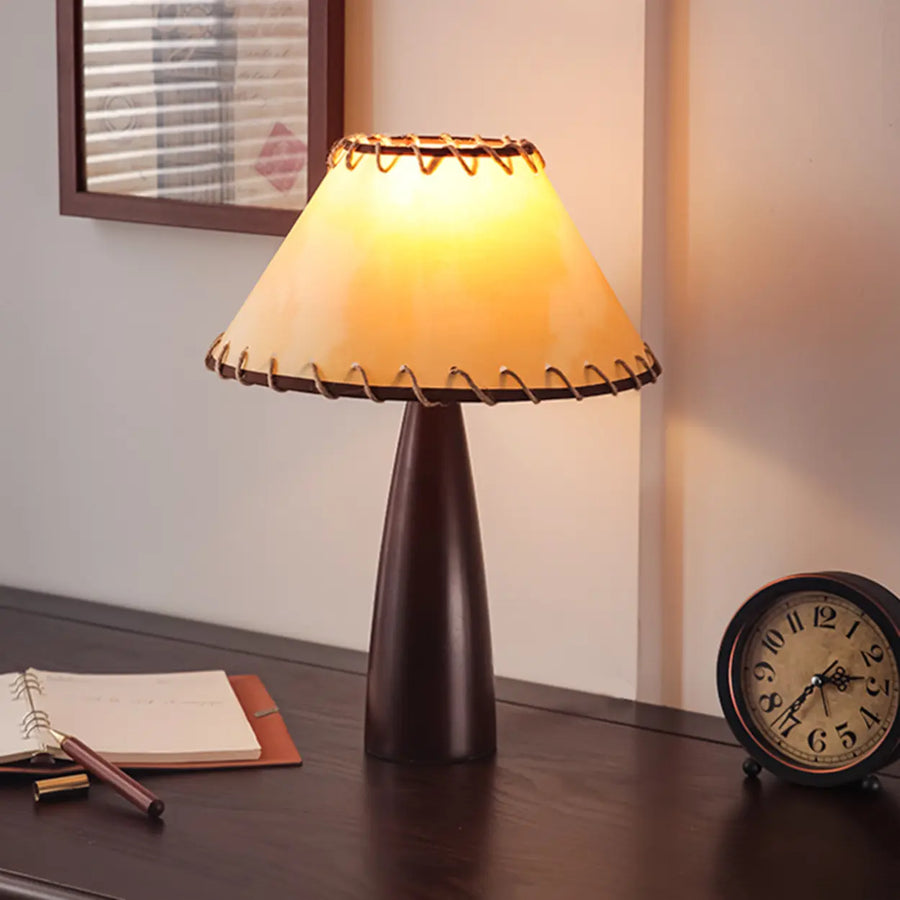 Mid-Century Modern Stitched Cone Shade Brown Table Lamp