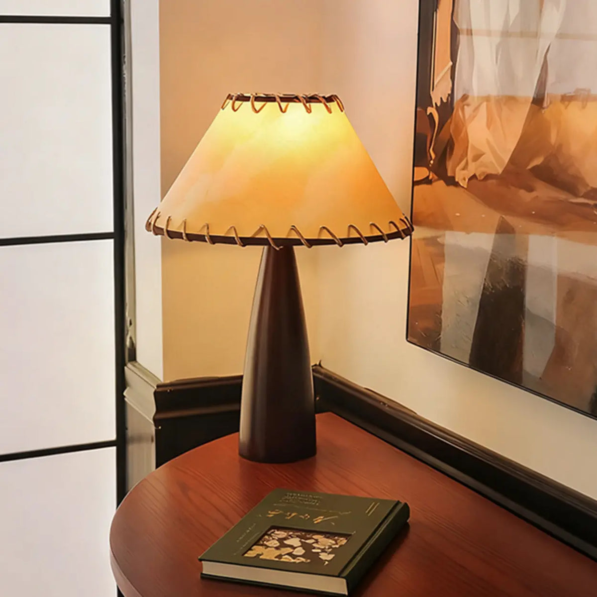 Mid-Century Modern Stitched Cone Shade Brown Table Lamp