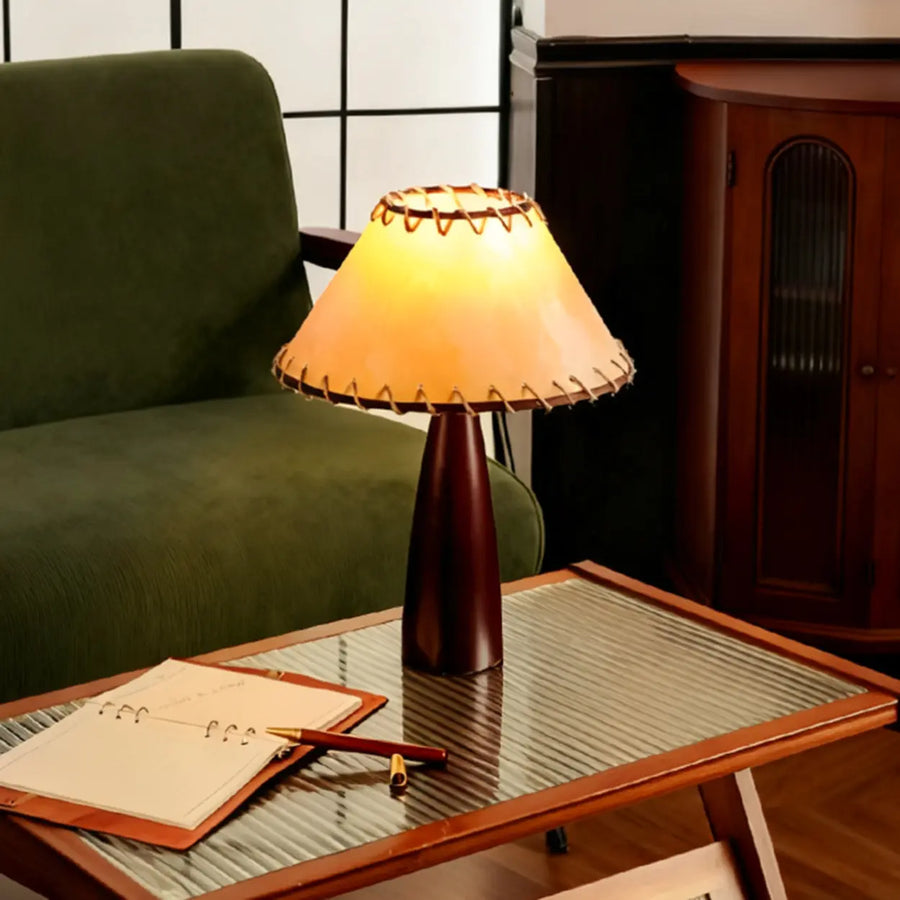 Mid-Century Modern Stitched Cone Shade Brown Table Lamp
