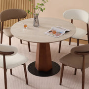 Mid-Century Modern Stone Round Wood Pedestal Dining Table