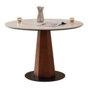 Mid-Century Modern Stone Round Wood Pedestal Dining Table