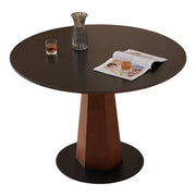 Mid-Century Modern Stone Round Wood Pedestal Dining Table