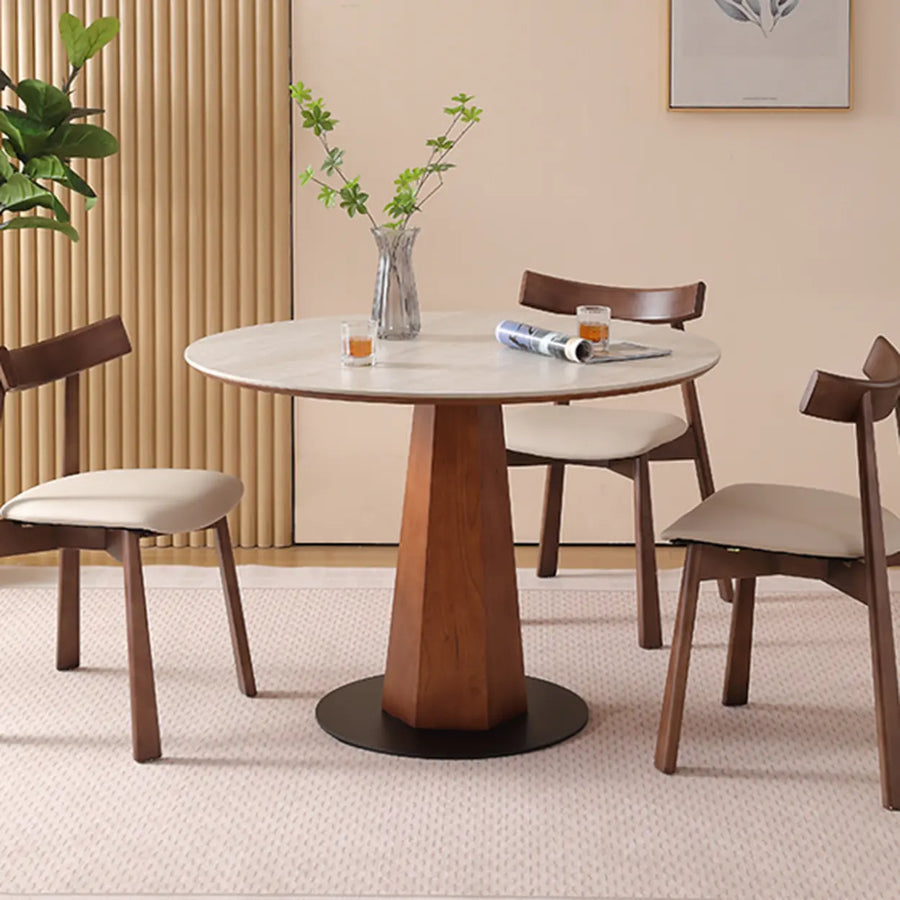 Mid-Century Modern Stone Round Wood Pedestal Dining Table