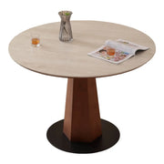 Mid-Century Modern Stone Round Wood Pedestal Dining Table