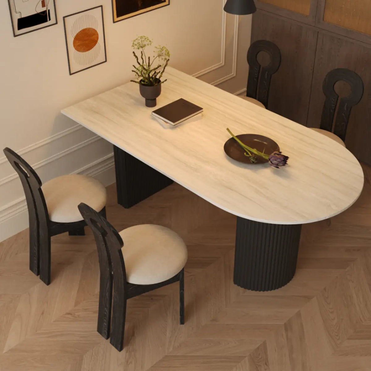 Mid-Century Modern Stone Top Oval Ribbed Leg Dining Table
