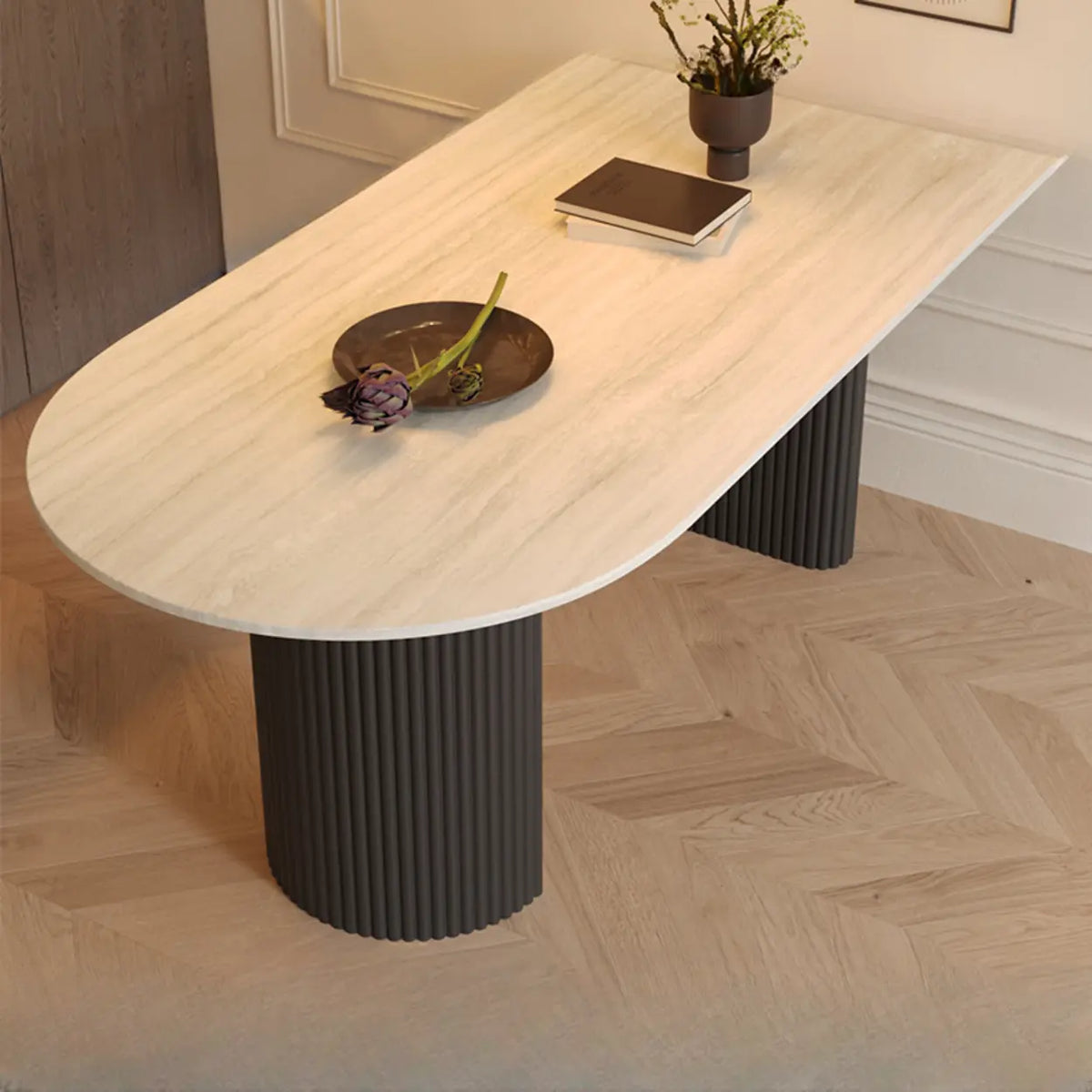 Mid-Century Modern Stone Top Oval Ribbed Leg Dining Table