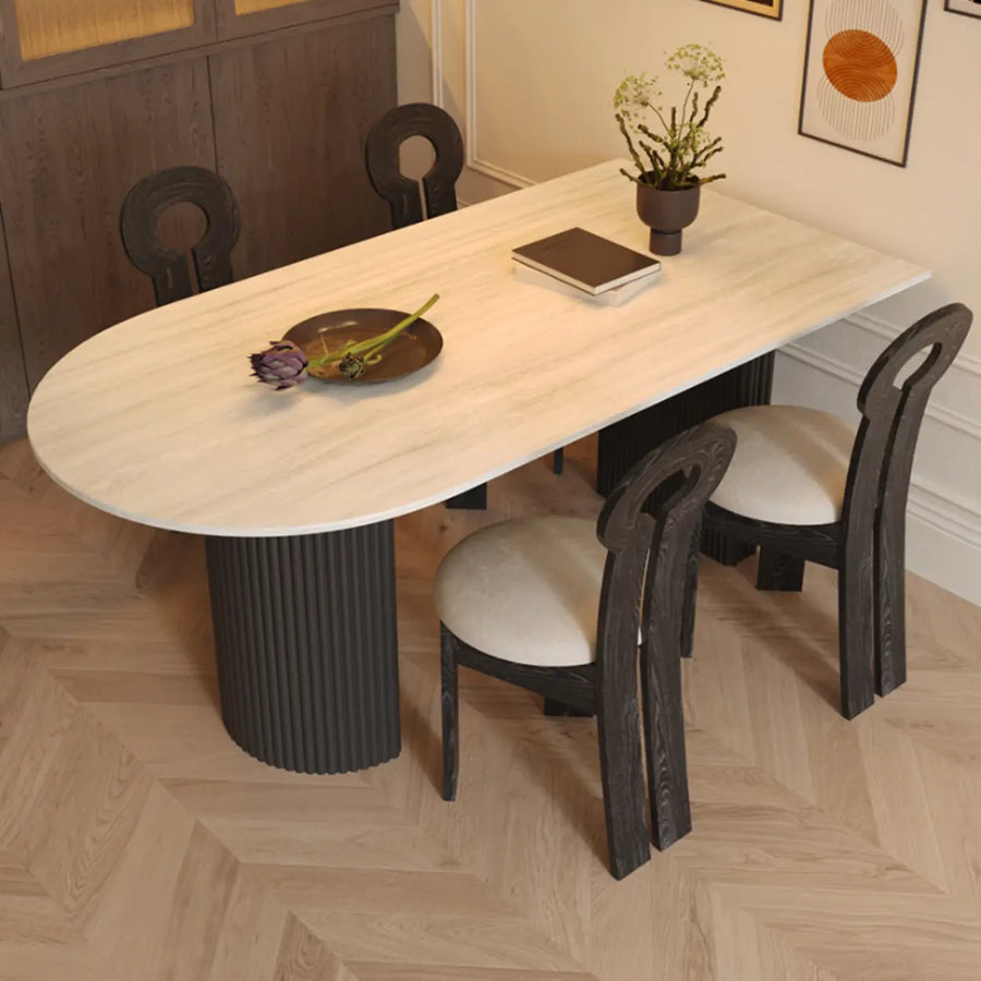 Mid-Century Modern Stone Top Oval Ribbed Leg Dining Table
