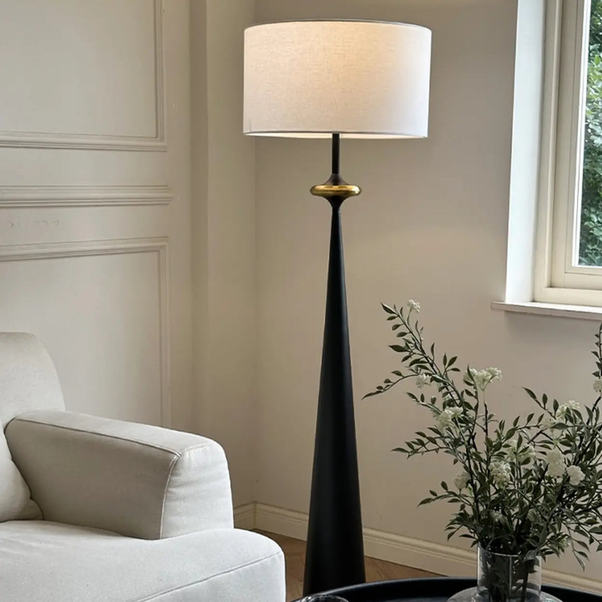 Mid-Century Modern Tapered Column Fabric Drum Floor Lamp
