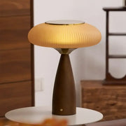Mid-Century Modern USB Mushroom Amber Wood Table Lamp