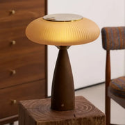 Mid-Century Modern USB Mushroom Amber Wood Table Lamp