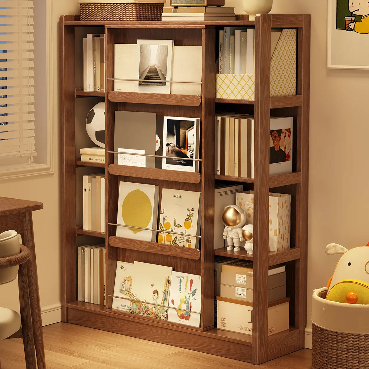 Mid-Century Modern Vertical Wood Sliding Door Tiered Bookshelf