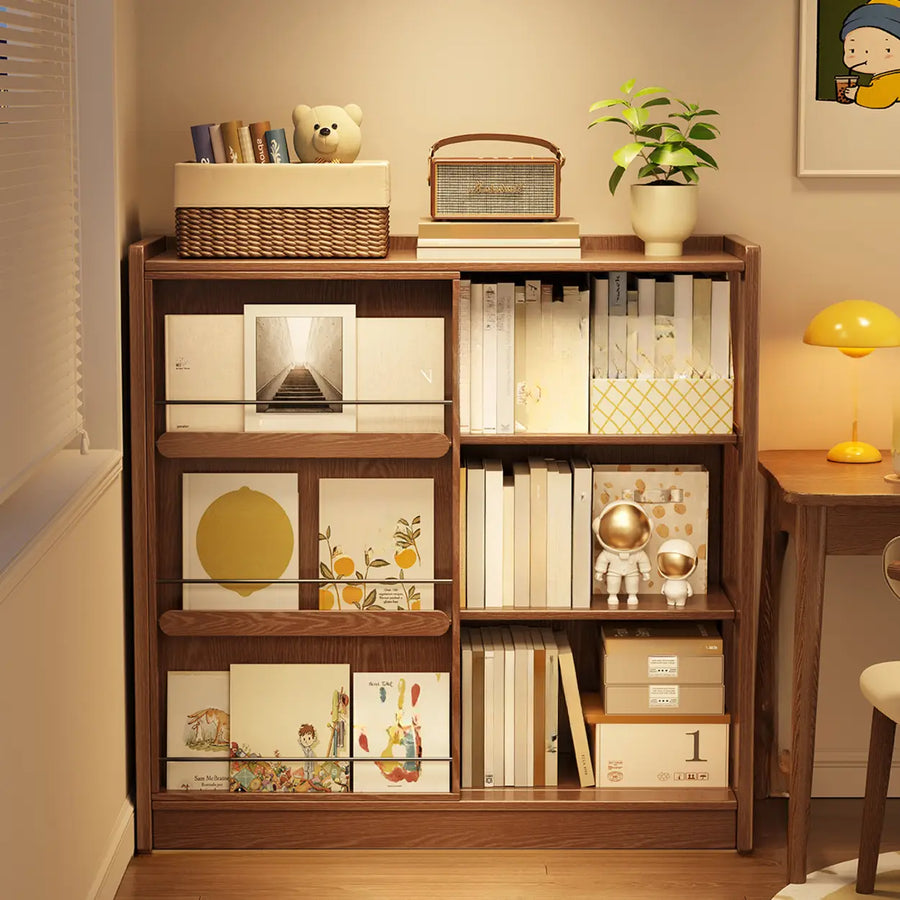 Mid-Century Modern Vertical Wood Sliding Door Tiered Bookshelf
