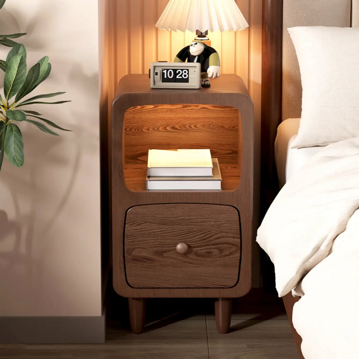 Mid-Century Modern Walnut Wood Nightstand with Drawer & Shelf
