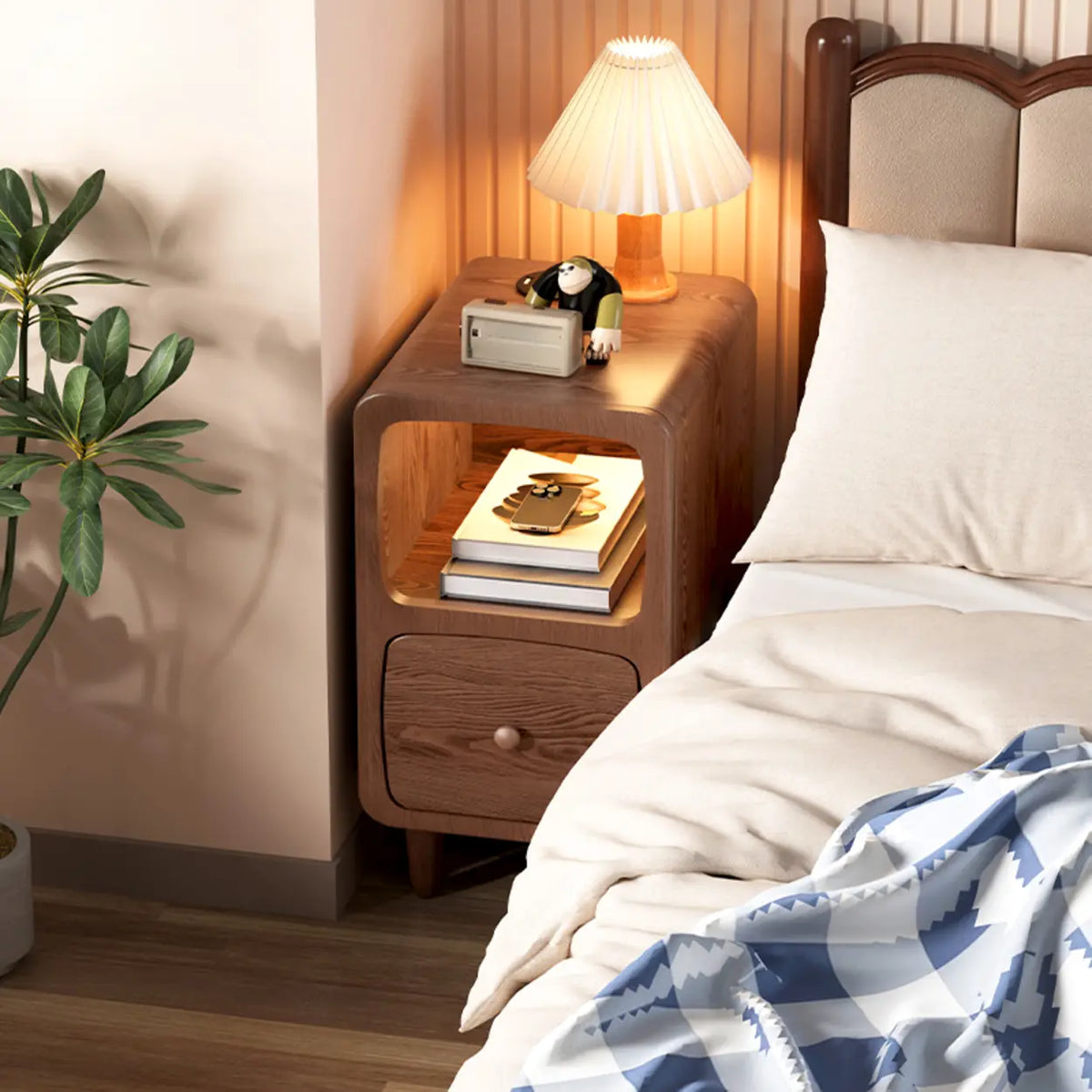 Mid-Century Modern Walnut Wood Nightstand with Drawer & Shelf