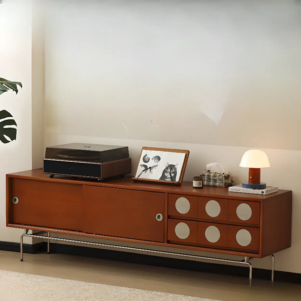 Mid-Century Modern Walnut Wood TV Stand with Sliding Doors