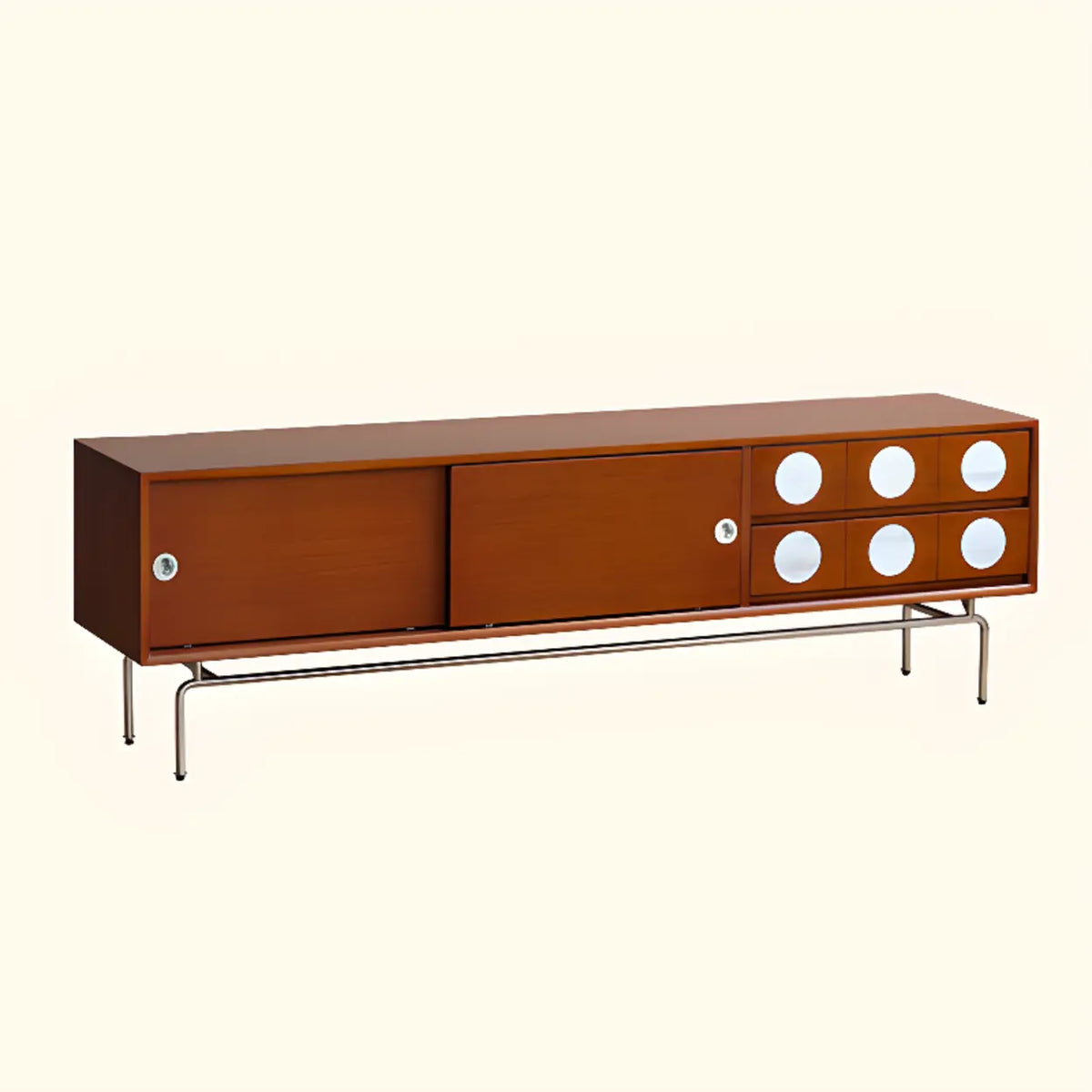 Mid-Century Modern Walnut Wood TV Stand with Sliding Doors