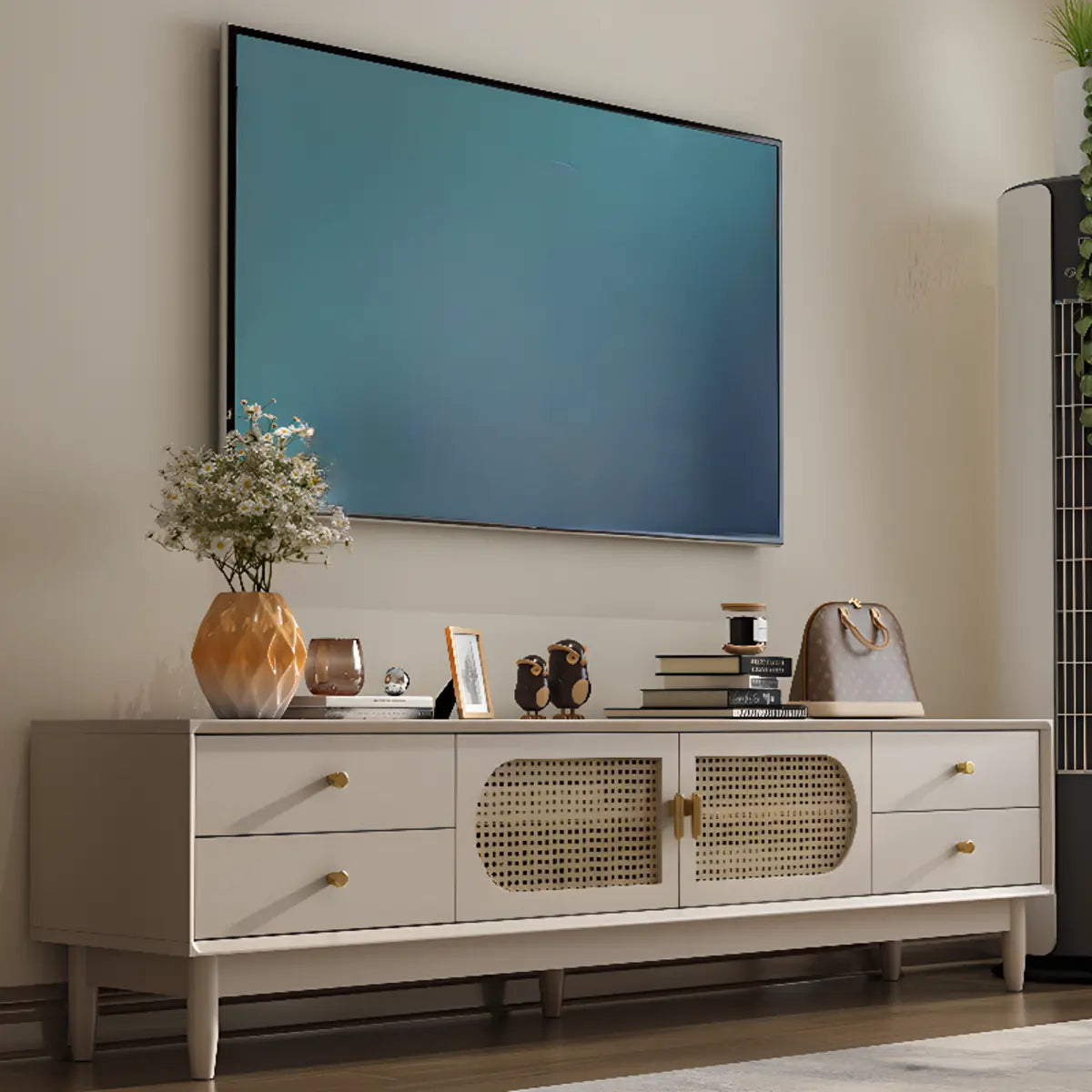Mid-Century Modern White Wood Cabinet Drawers TV Stand