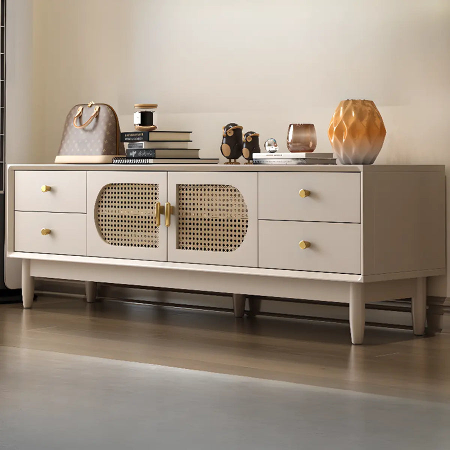 Mid-Century Modern White Wood Cabinet Drawers TV Stand