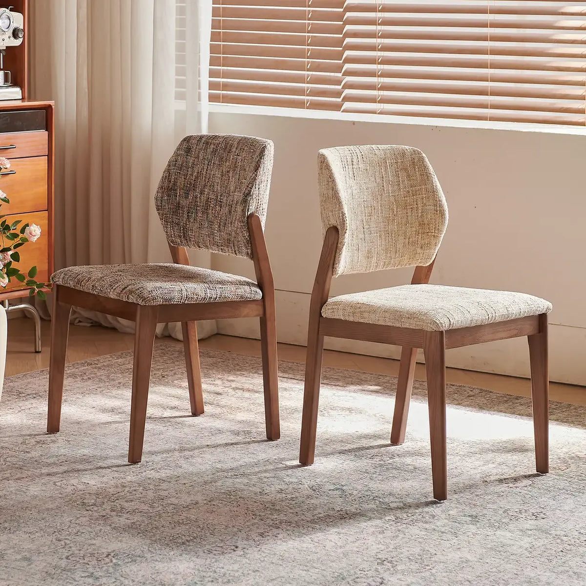 Mid Century Modern Wood Chenille Curved Back Dining Chair