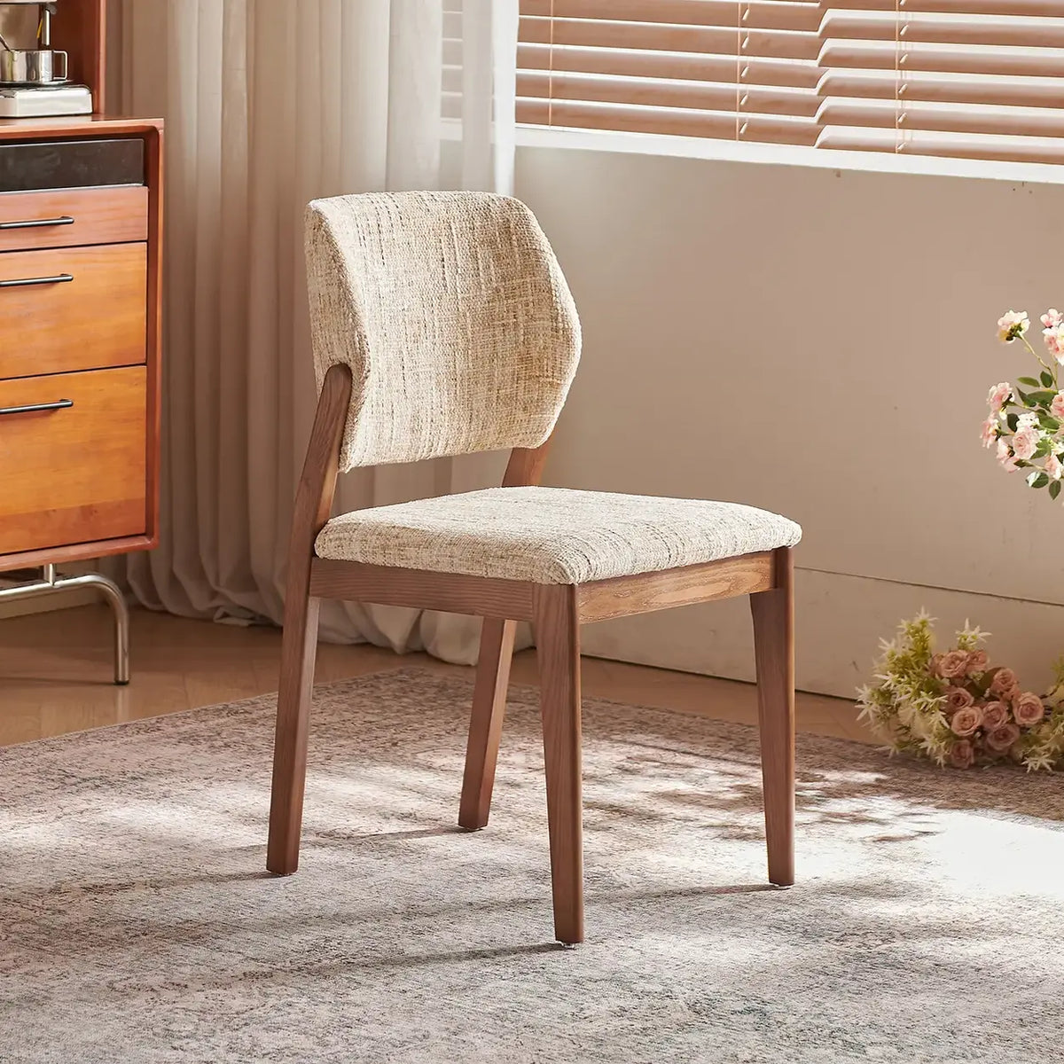 Mid Century Modern Wood Chenille Curved Back Dining Chair