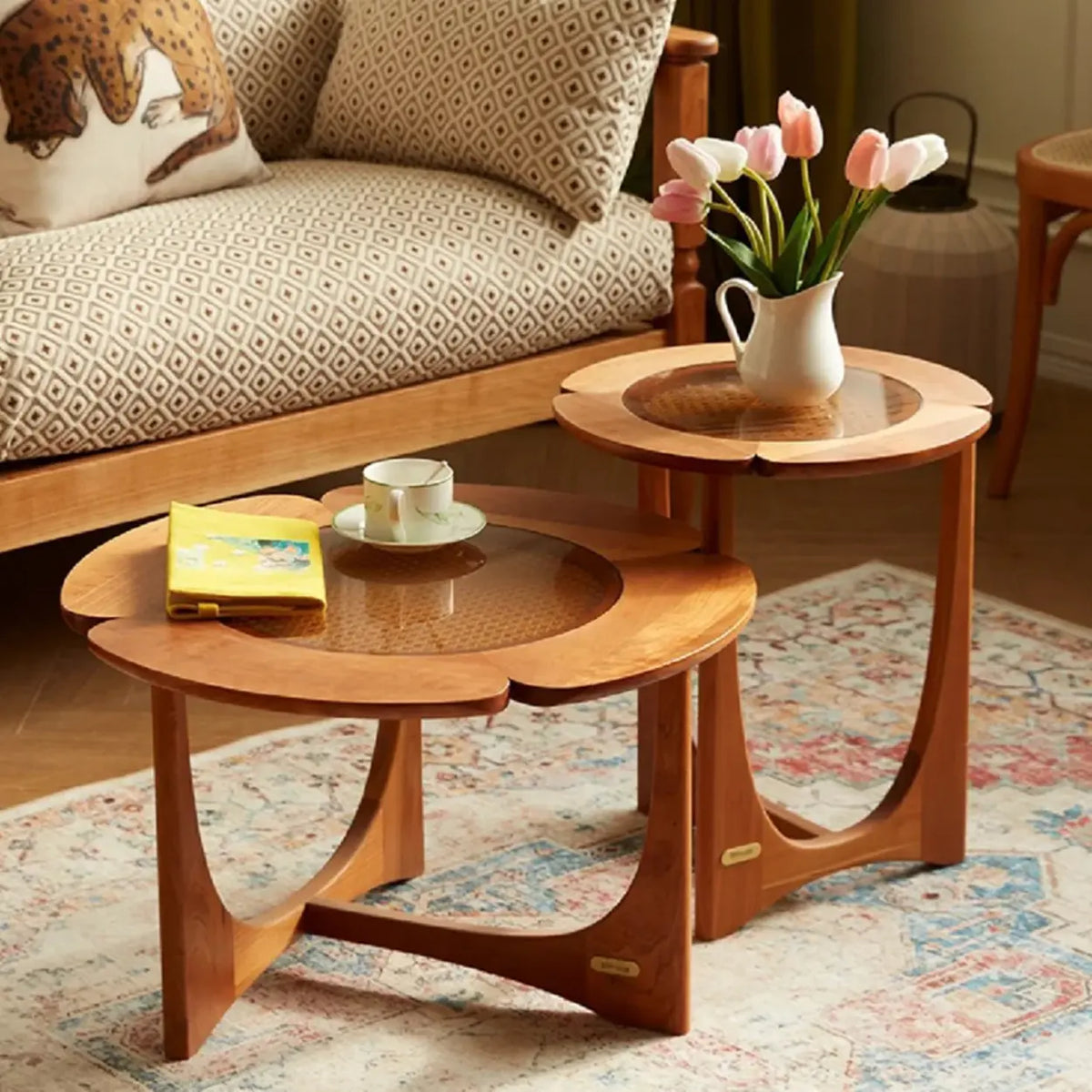 Mid-Century Modern Wood Flower Nesting Coffee Table