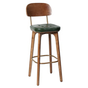 Mid-Century Modern Wood Low Back Leather Tufted Bar Stool