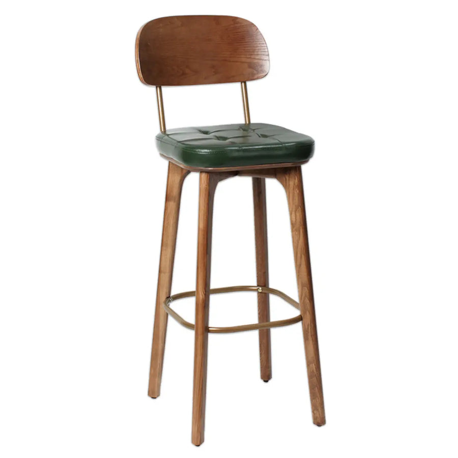Mid-Century Modern Wood Low Back Leather Tufted Bar Stool