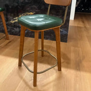 Mid-Century Modern Wood Low Back Leather Tufted Bar Stool