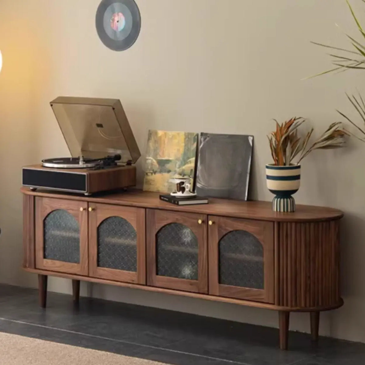 Mid-Century Walnut Wood TV Stand with Storage Cabinet