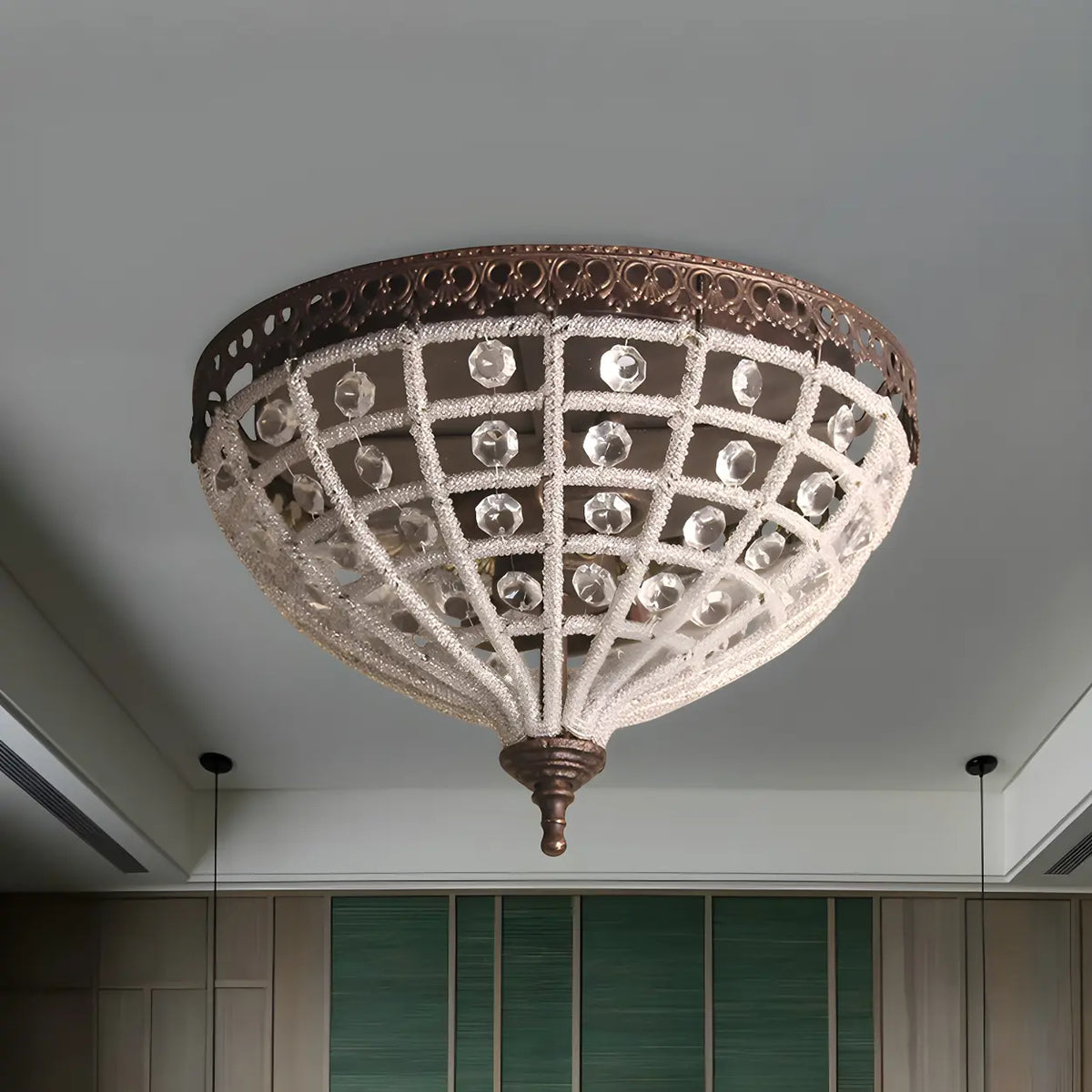 Mini Bronze Domed Cage Crystal Bead Flush Mount Light