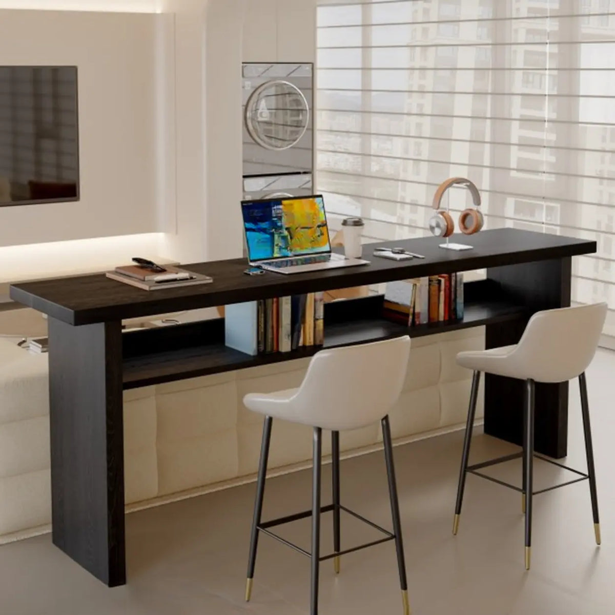 Minimalist Black Rectangular Wood Sofa Bar Table with Shelf