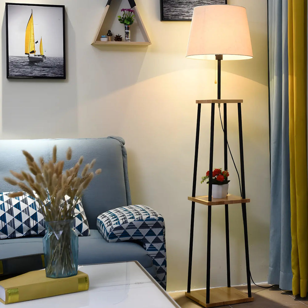 Minimalist Cone Black Metal Floor Lamp with Shelf