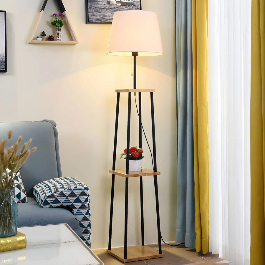 Minimalist Cone Black Metal Floor Lamp with Shelf