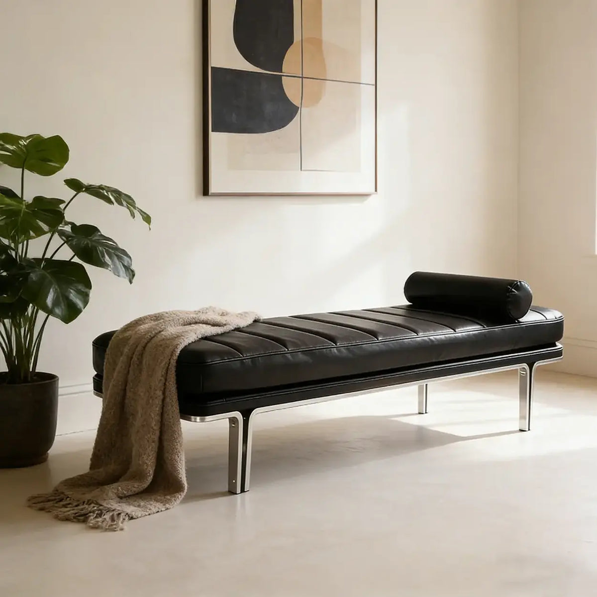 Minimalist Modern Leather Bedroom Bench With Bolster Pillow