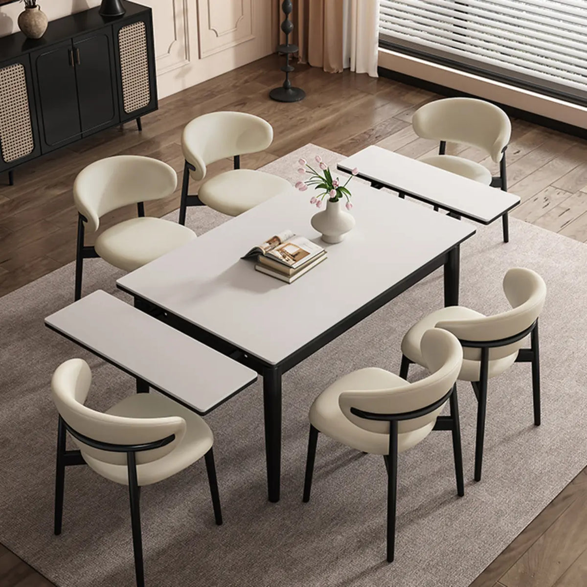 Minimalist Rectangular Extendable White Stone Top Dining Table