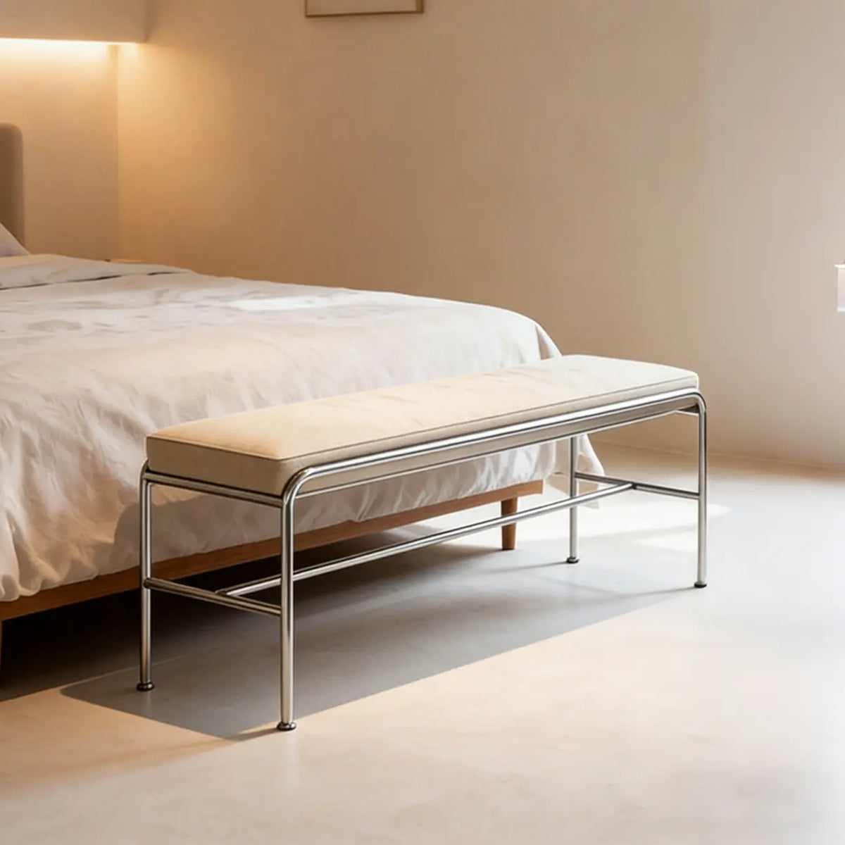 Minimalist Steel Frame Leather Entryway Bedroom Bench