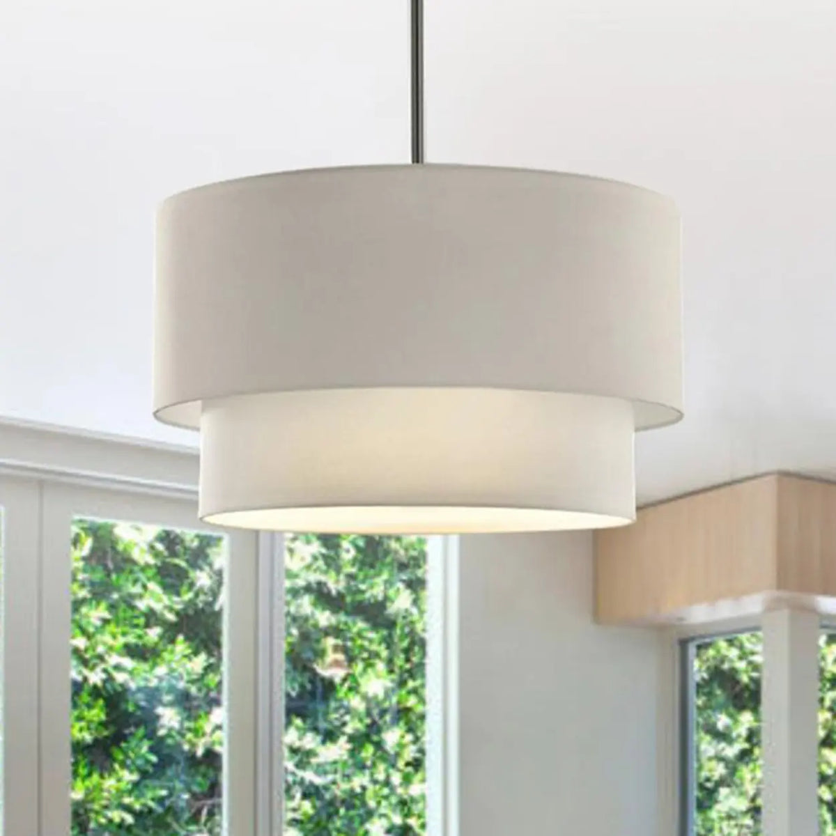 Modern 2 Tiers Fabric Drum Pendant Light