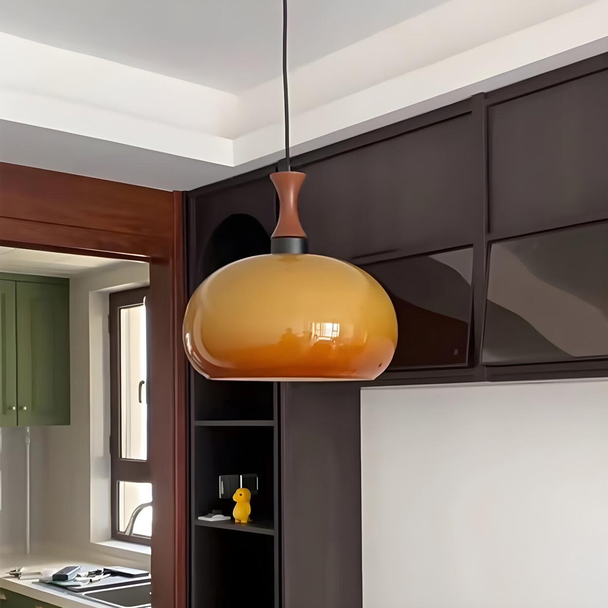 Modern Amber Glass Dome Pendant Light Flexible Length